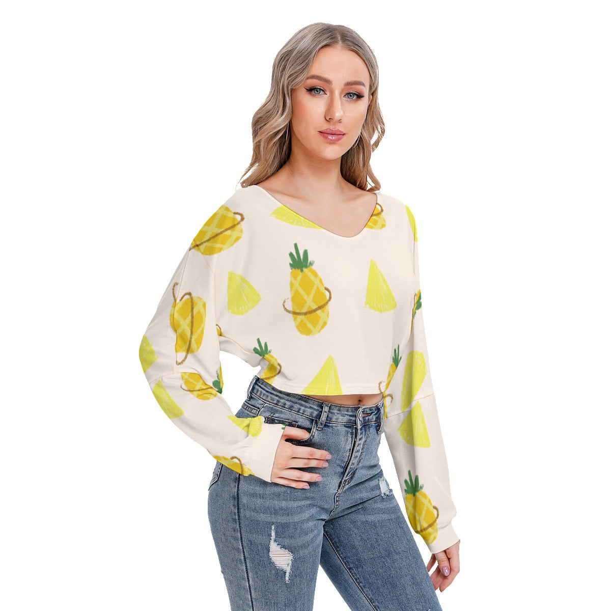 Pineapple Drop-shoulder Cropped Sweatshirt